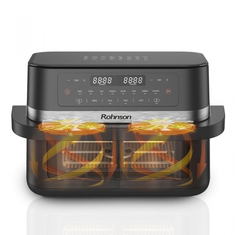 Friteuza cu aer cald 2 in 1 Rohnson R2881 11L,2x5.75l, 2950W, temporizator1-60 min, 8 programe,panou tactil digital LED,3D la 360°, iluminare interioara, protectie supraincalzire ,maner izolat termic